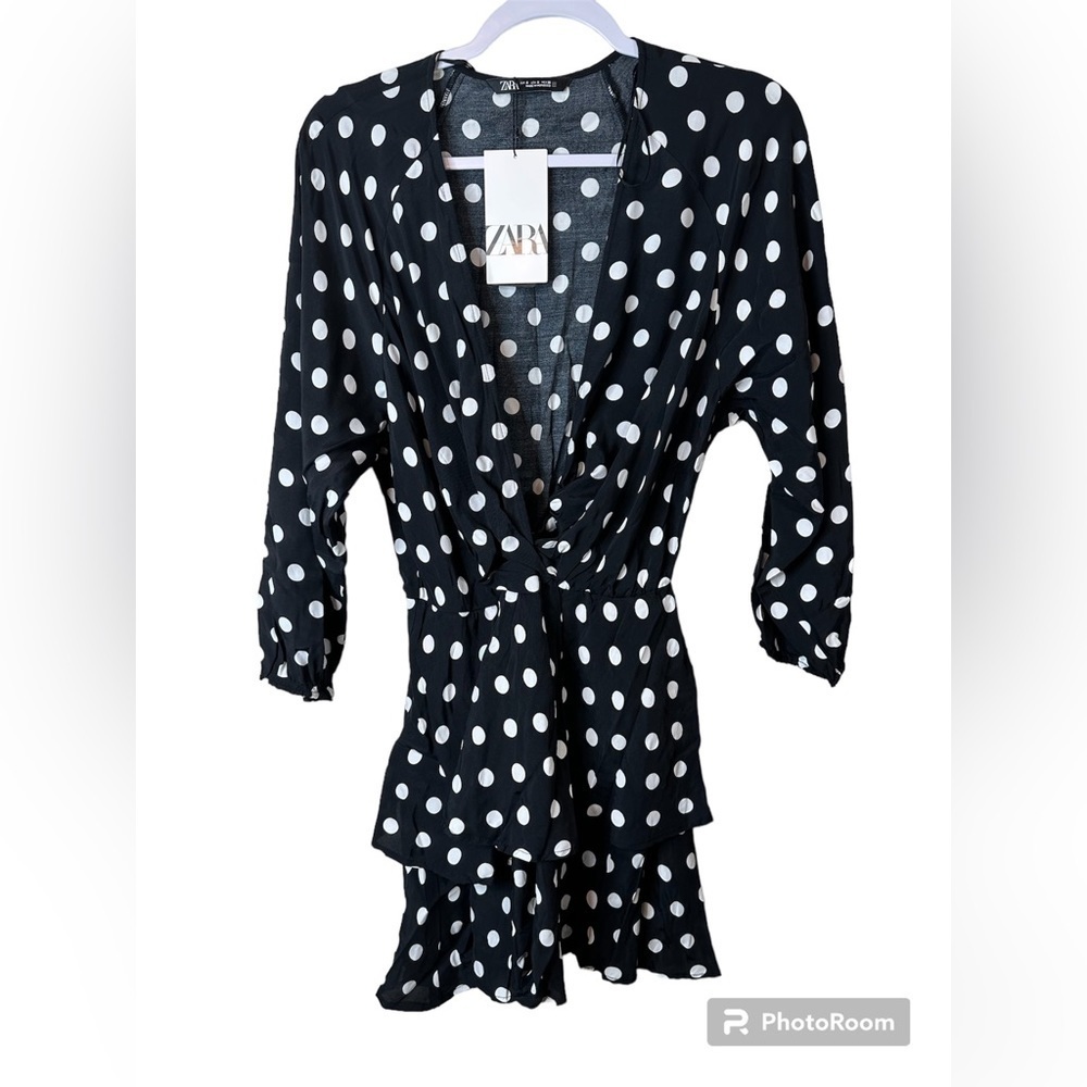 Zara Women’s Small Black White Polka Dot Layered Flounce‎ Flare Asymmetric Dress